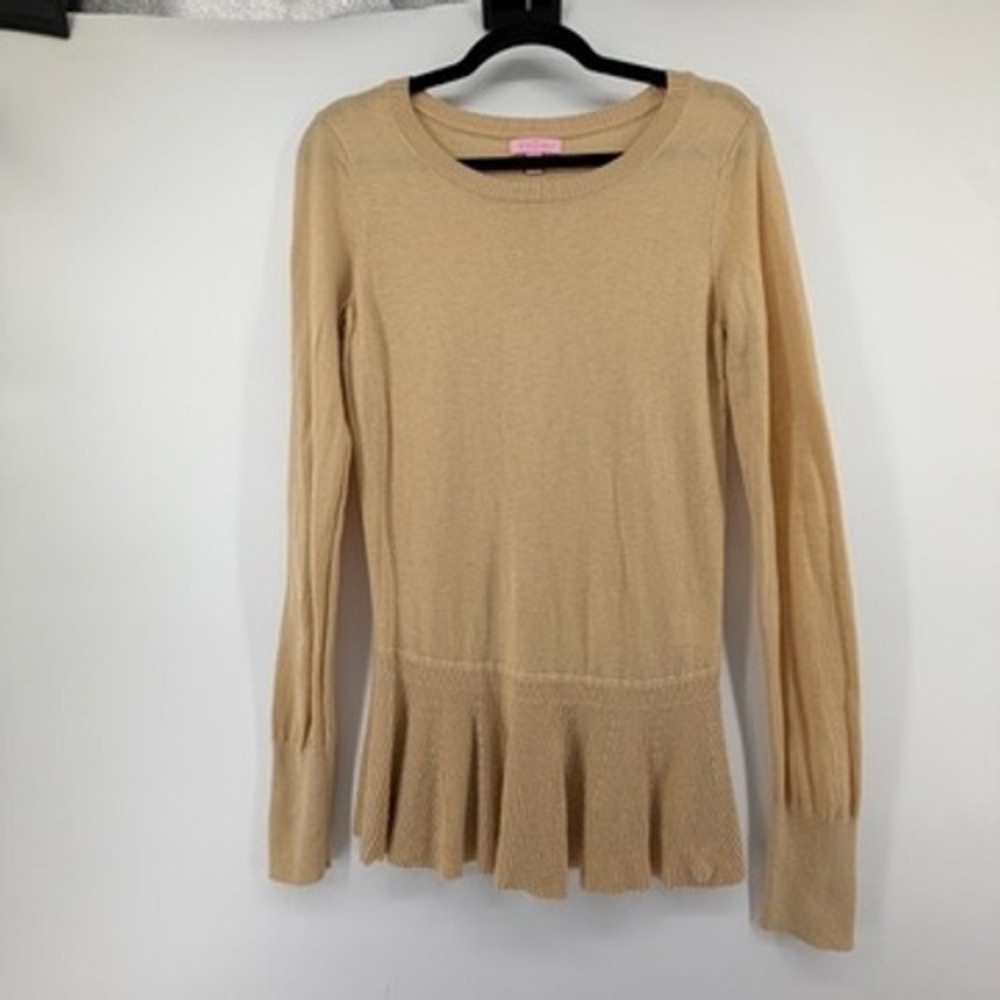 Lilly Pulitzer Womens Camel Tan Wool Blend Peplum Button Back Sweater Large L